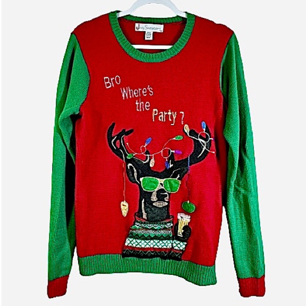 Bro Where’s the Party At Beer Drinking Deer Ugly Christmas Sweater Size Small